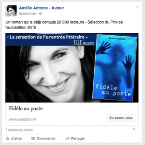 Exemple d'une pub d'Amélie Antoine sur FB, hors promotion